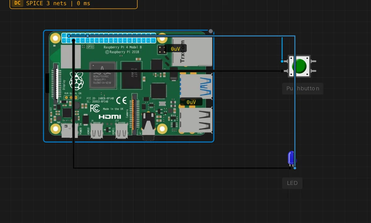 [Pi 4] Button Toggles LED — free online circuit simulator example on Sensbench