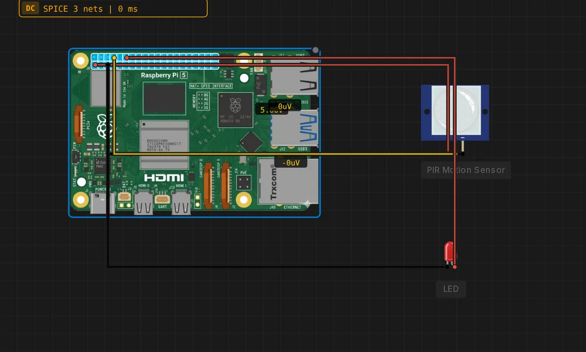 [Pi 5] PIR Motion Alarm — free online circuit simulator example on Sensbench