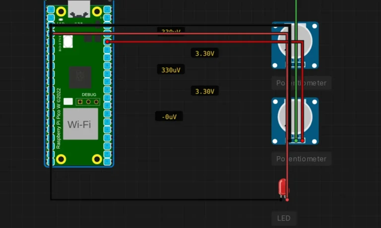 Raspberry Pi Pico W reading two potentiometers on ADC pins GP26 and GP27 in a circuit simulator