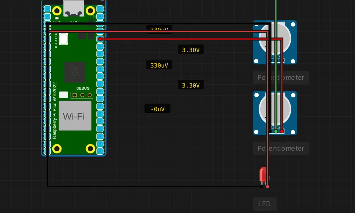 Raspberry Pi Pico W reading two potentiometers on ADC pins GP26 and GP27 in a circuit simulator