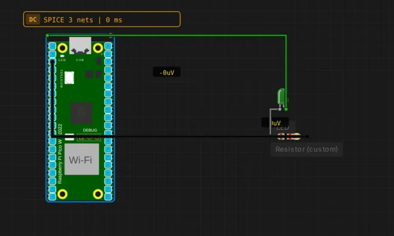 Raspberry Pi Pico W wired to an external green LED and 220-ohm resistor on GPIO2 in a circuit simulator