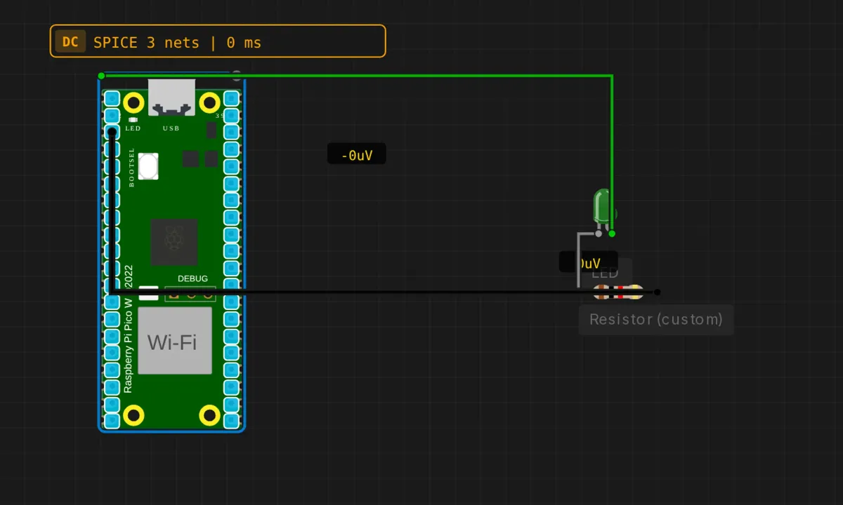 Raspberry Pi Pico W wired to an external green LED and 220-ohm resistor on GPIO2 in a circuit simulator
