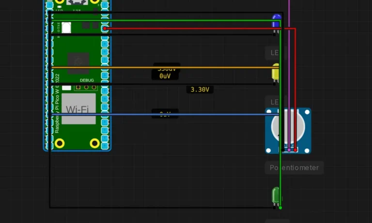 Raspberry Pi Pico W with three LEDs and a potentiometer for a multi-protocol I2C SPI ADC demo in a circuit simulator
