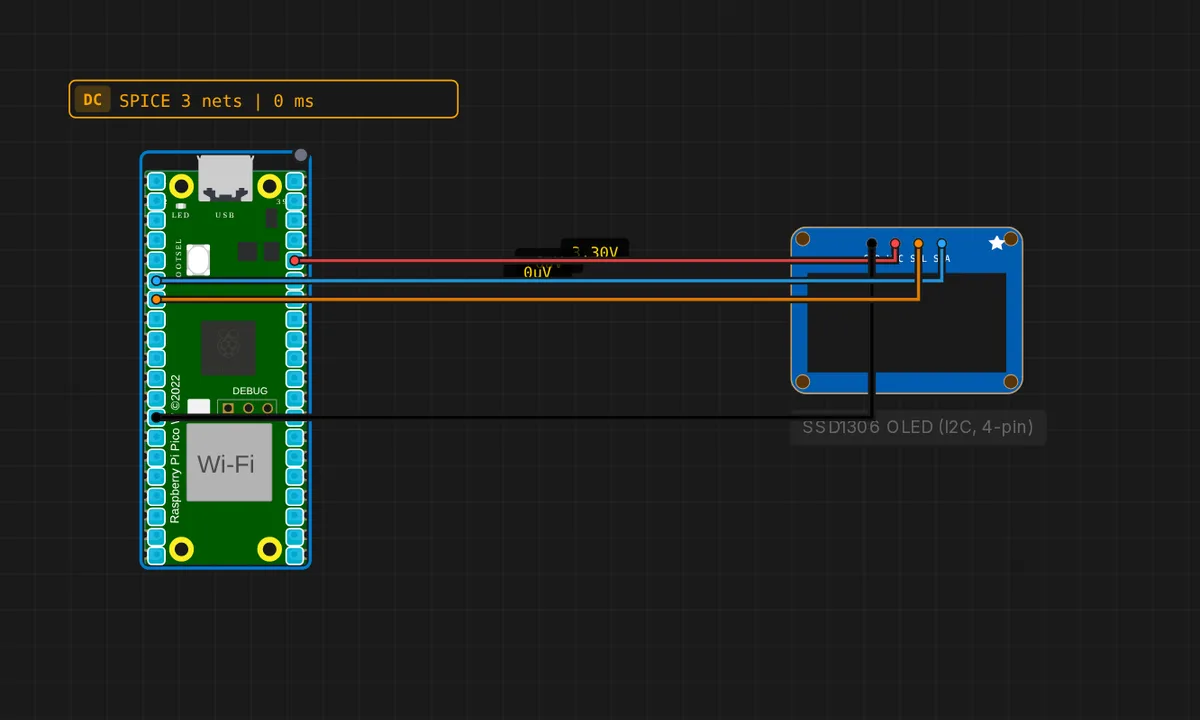 Raspberry Pi Pico: SSD1306 OLED (4-pin I2C) — free online circuit simulator example on Sensbench