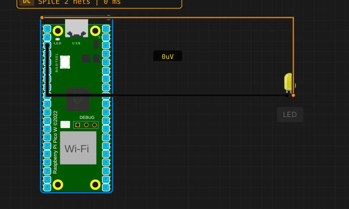 Raspberry Pi Pico W with a yellow LED wired to the TX pin as a serial activity indicator in a circuit simulator