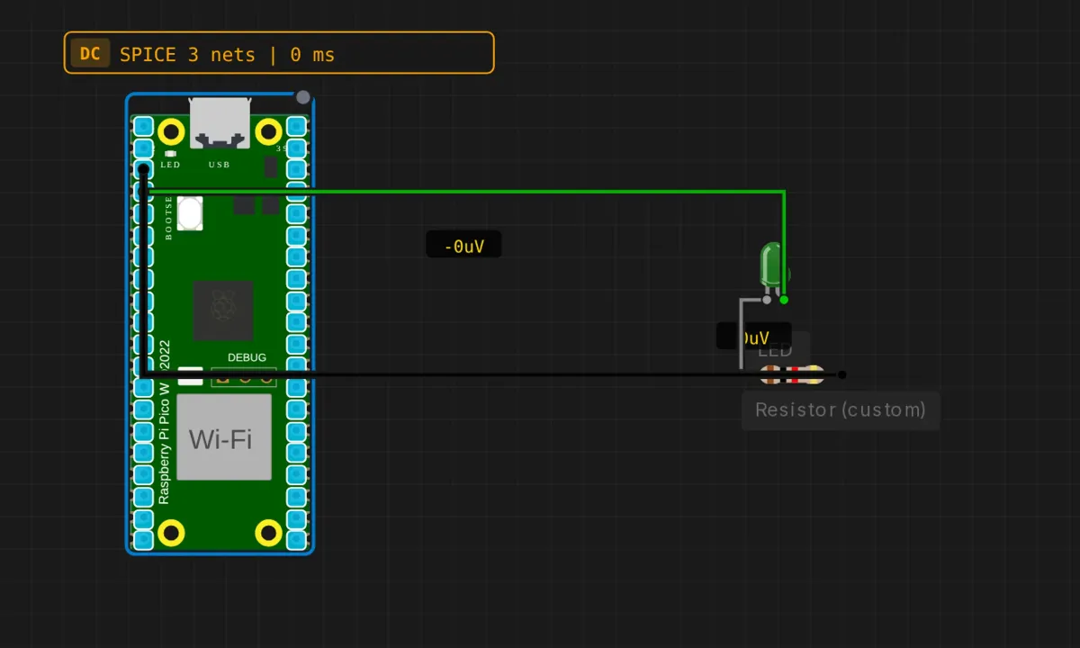 Raspberry Pi Pico W with a green LED and 220-ohm resistor on GPIO2 for serial command control in a circuit simulator