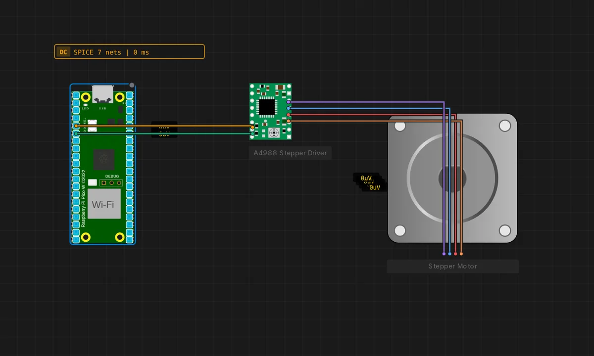 Raspberry Pi Pico: Stepper + A4988 — free online circuit simulator example on Sensbench
