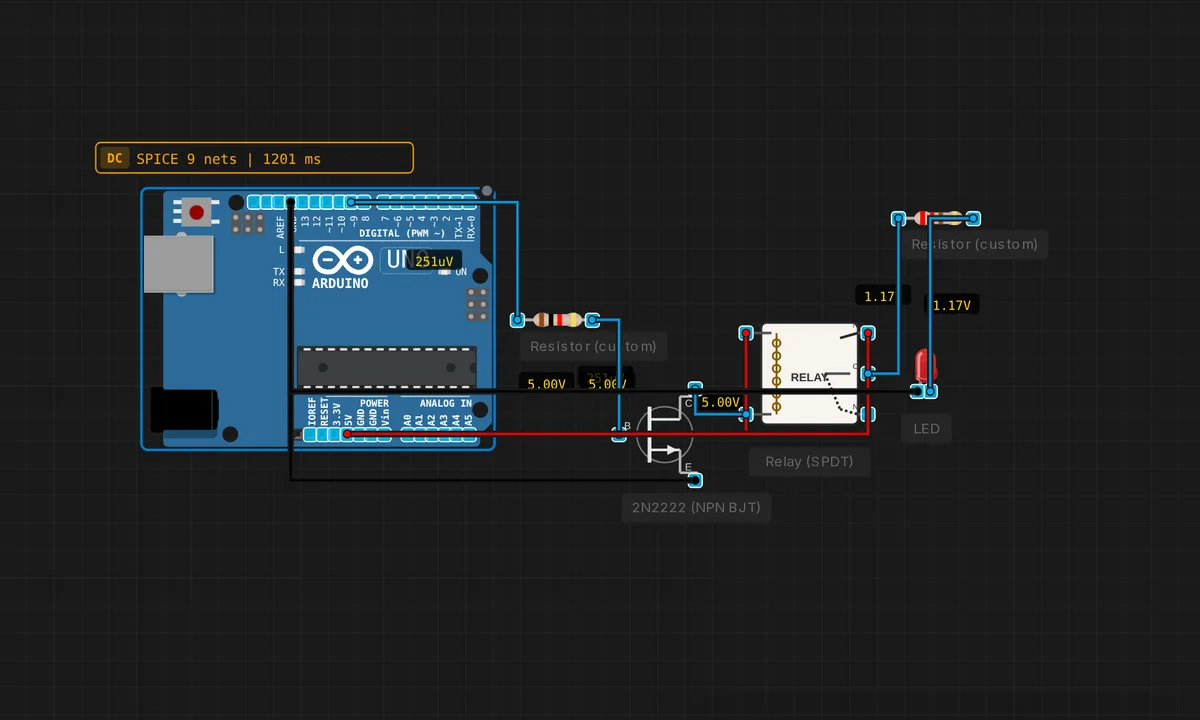 Relay-Controlled LED — free online circuit simulator example on Sensbench
