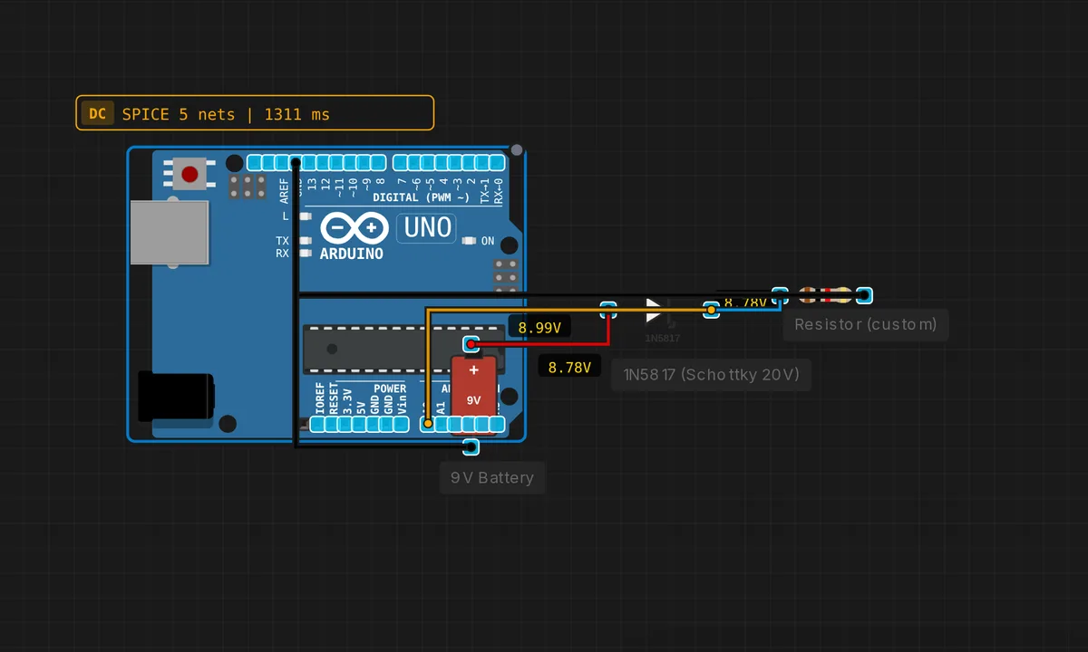 Reverse Polarity Protection — free online circuit simulator example on Sensbench