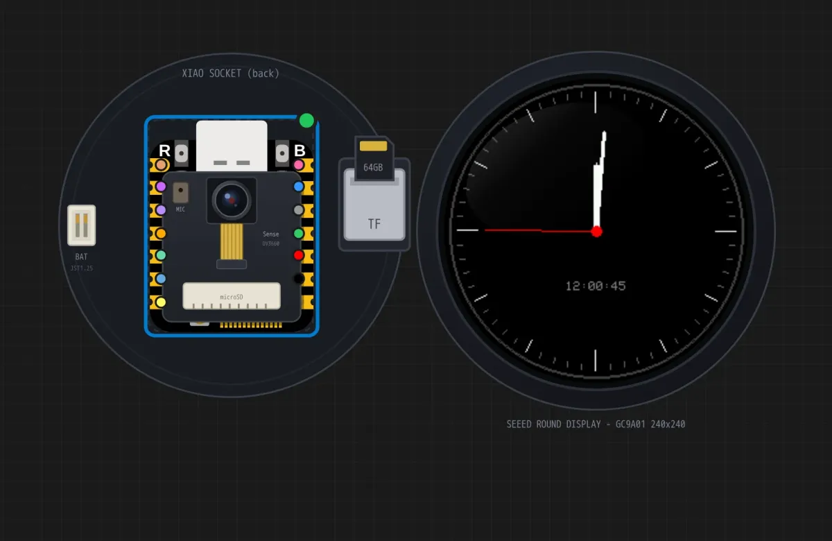 A round display showing an analogue clock with moving hands, simulated in a browser window