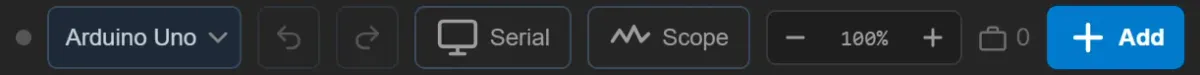Simulator canvas toolbar with board selector, serial monitor, oscilloscope and zoom controls