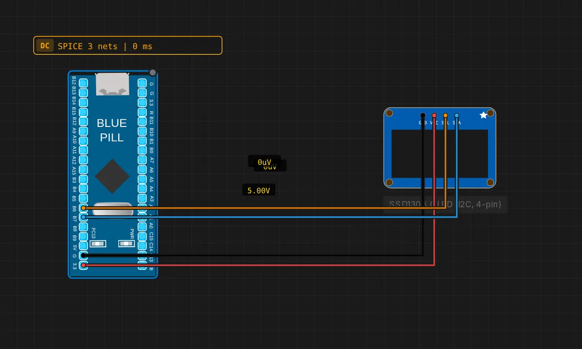 STM32 Blue Pill: SSD1306 OLED (4-pin I2C) — free online circuit simulator example on Sensbench
