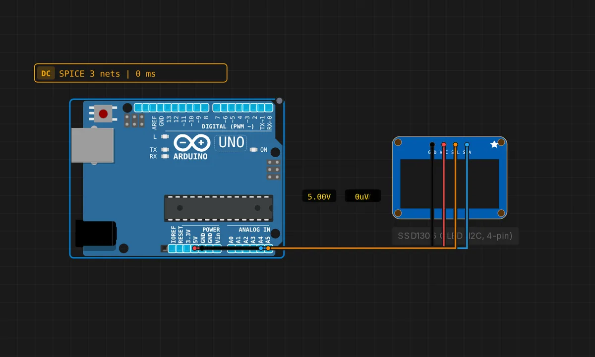 Arduino Uno: SSD1306 OLED (4-pin I2C) — free online circuit simulator example on Sensbench