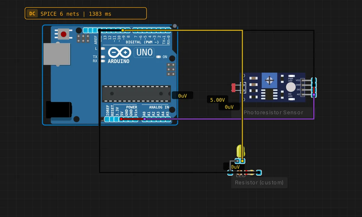 Uno: Photoresistor Light Sensor — free online circuit simulator example on Sensbench
