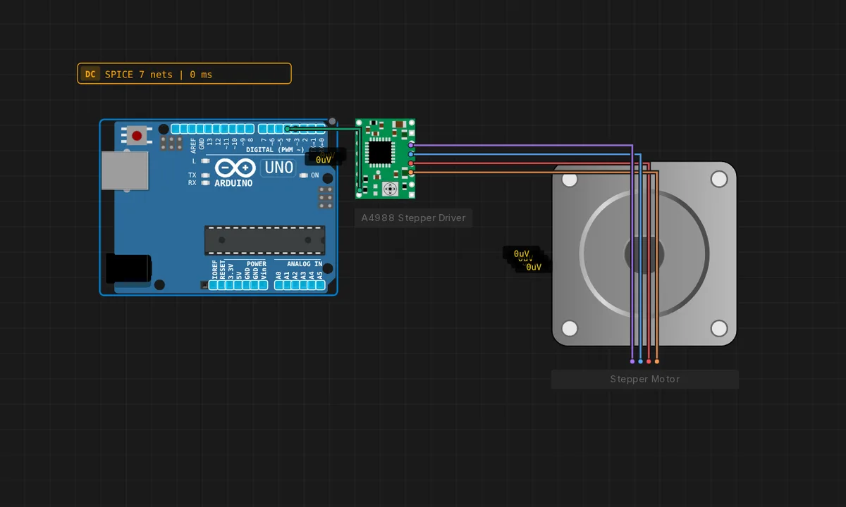 Arduino Uno: Stepper + A4988 — free online circuit simulator example on Sensbench