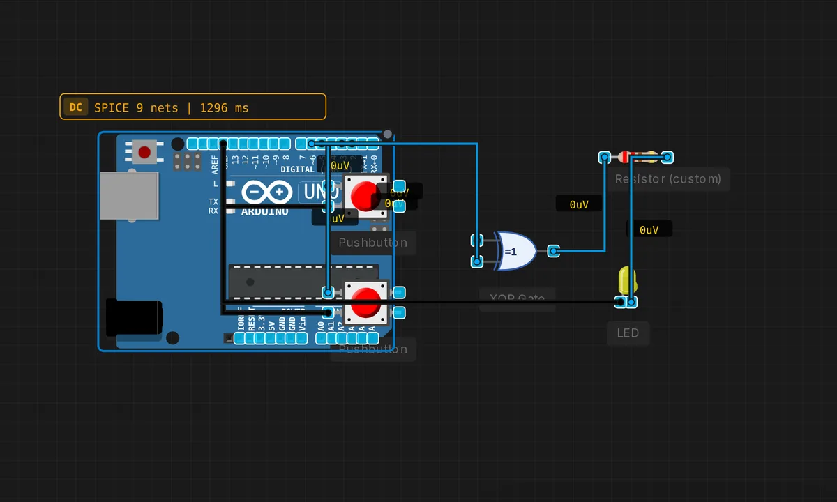 XOR Toggle Detector — free online circuit simulator example on Sensbench