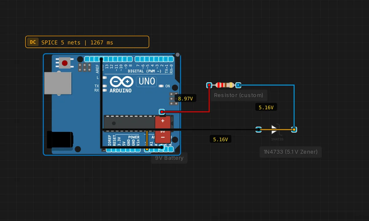 Zener Voltage Regulator — free online circuit simulator example on Sensbench